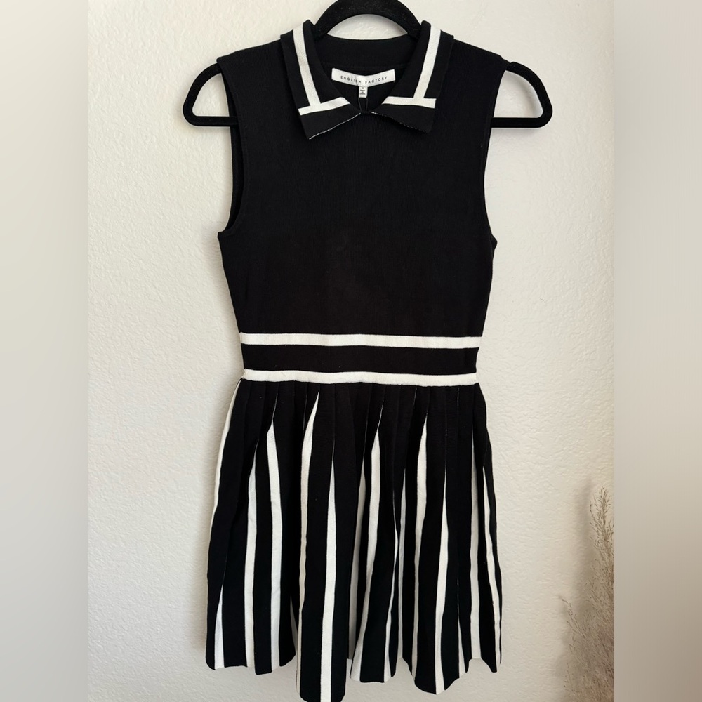 NWT- English Factory Collared Fit and Flare Pleated Skirt Sweater Dress B&W